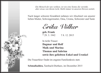Traueranzeige von Erika Völker von Südthüringer Presse