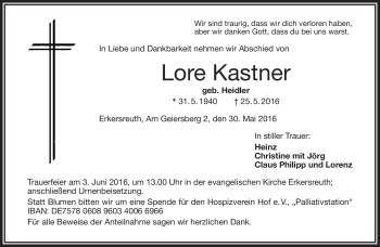 Traueranzeige von Lore Kastner von Frankenpost
