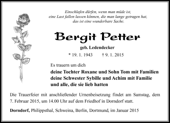 Traueranzeige von Bergit Petter von Südthüringer Presse
