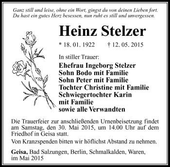 Traueranzeige von Heinz Stelzer von Südthüringer Presse