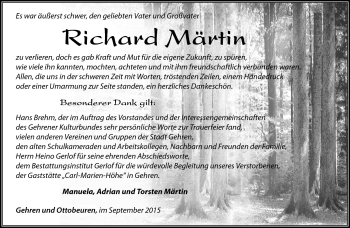 Traueranzeige von Richard Märtin von Südthüringer Presse