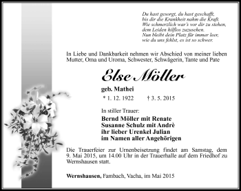 Traueranzeige von Else Möller von Südthüringer Presse