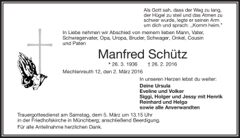 Traueranzeige von Manfred Schütz von Frankenpost