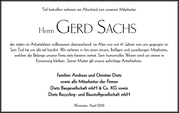 Traueranzeige von Gerd Sachs von Neue Presse Coburg