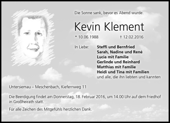 Traueranzeige von Kevin Klement von Neue Presse Coburg