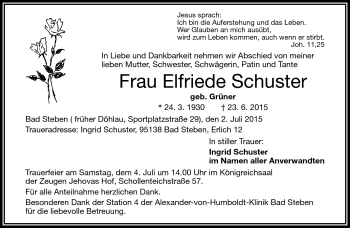 Traueranzeige von Elfriede Schuster von Frankenpost