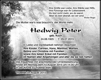 Traueranzeige von Hedwig Peter von Südthüringer Presse
