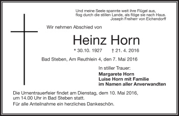 Traueranzeige von Heinz Horn von Frankenpost