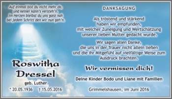 Traueranzeige von Roswitha Dressel von Südthüringer Presse
