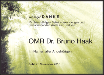 Traueranzeige von Bruno Haak von Südthüringer Presse