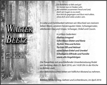 Traueranzeige von Walter Beetz von Südthüringer Presse