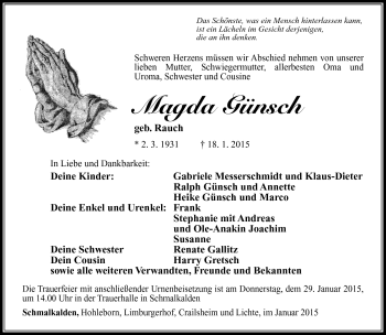 Traueranzeige von Magda Günsch von Südthüringer Presse