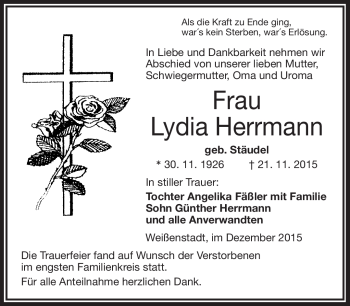 Traueranzeige von Lydia Herrmann von Frankenpost