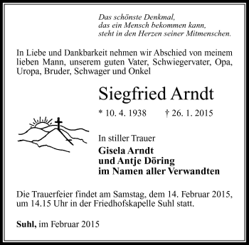 Traueranzeige von Siegfried Arndt von Südthüringer Presse