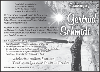 Traueranzeige von Gertrud Schmidt von Südthüringer Presse