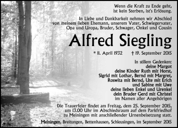 Traueranzeige von Alfred Siegling von Südthüringer Presse