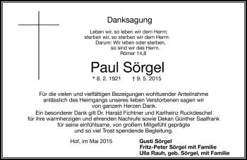 Traueranzeige von Paul Sörgel von Frankenpost