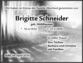 Traueranzeige von Brigitte Schneider von Südthüringer Presse