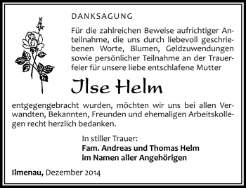 Traueranzeige von Ilse Helm von Südthüringer Presse