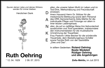 Traueranzeige von Ruth oehring von Südthüringer Presse