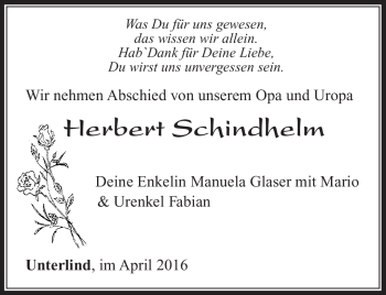 Traueranzeige von Herbert Schindhelm von Südthüringer Presse