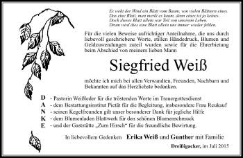Traueranzeige von Siegfried Weiß von Südthüringer Presse
