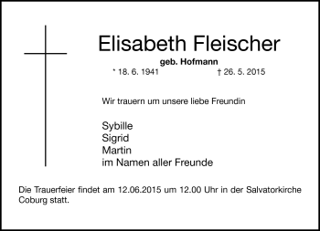 Traueranzeige von Elisabeth Fleischer von Neue Presse Coburg