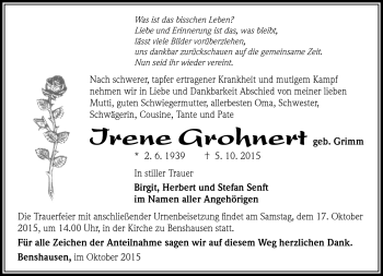 Traueranzeige von Irene Gronert von Südthüringer Presse