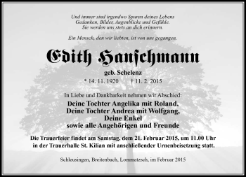 Traueranzeige von Edith Hanschmann von Südthüringer Presse