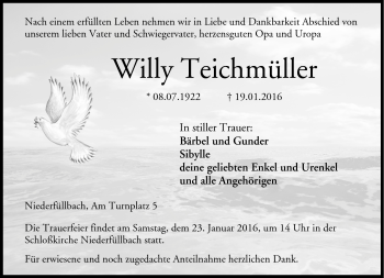 Traueranzeige von Willy Teichmüller von Neue Presse Coburg