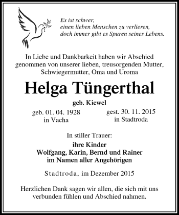 Traueranzeige von Helga Thüngerthal von Südthüringer Presse