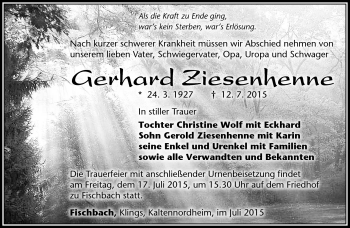 Traueranzeige von Gerhard Ziesenhenne von Südthüringer Presse
