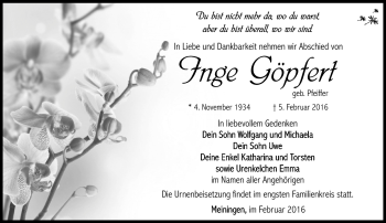 Traueranzeige von Inge Göpfert von Südthüringer Presse