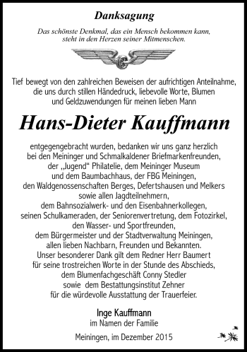 Traueranzeige von Hans-Dieter Kaufmann von Südthüringer Presse