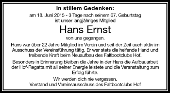 Traueranzeige von Hans Ernst von Frankenpost