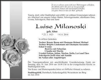 Traueranzeige von Luise Milanoski von Südthüringer Presse