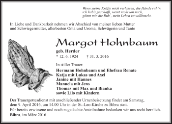 Traueranzeige von Margot Hohnbaum von Südthüringer Presse