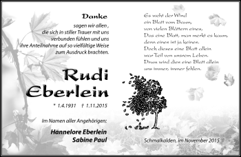 Traueranzeige von Rudi Eberlein von Südthüringer Presse