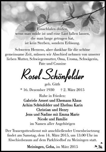 Traueranzeige von Rosa Schönfelder von Südthüringer Presse
