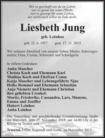 Traueranzeige von Liesbeth Jung von Südthüringer Presse