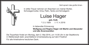 Traueranzeige von Luise Hager von Frankenpost