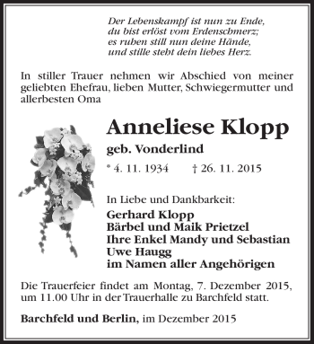 Traueranzeige von Anneliese Klopp von Südthüringer Presse
