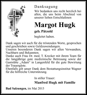 Traueranzeige von Margot Hugk von Südthüringer Presse