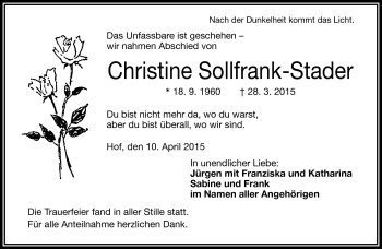 Traueranzeige von Christine Sollfrank-Stader von Frankenpost