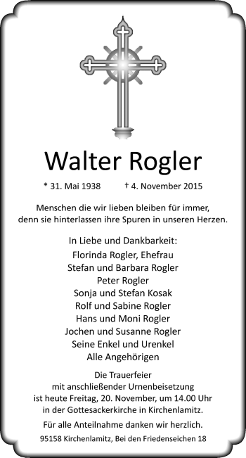 Traueranzeige von Walter Rogler von Frankenpost