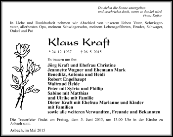 Traueranzeige von Klaus Kraft von Südthüringer Presse