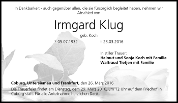 Traueranzeige von Irmgard Klug von Neue Presse Coburg