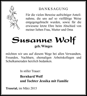Traueranzeige von Susanne Wolf von Südthüringer Presse