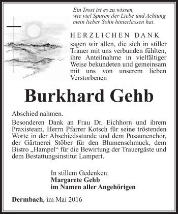 Traueranzeige von Burkhard Gehb von Südthüringer Presse
