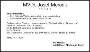 Traueranzeige von Josef Mercak von Frankenpost